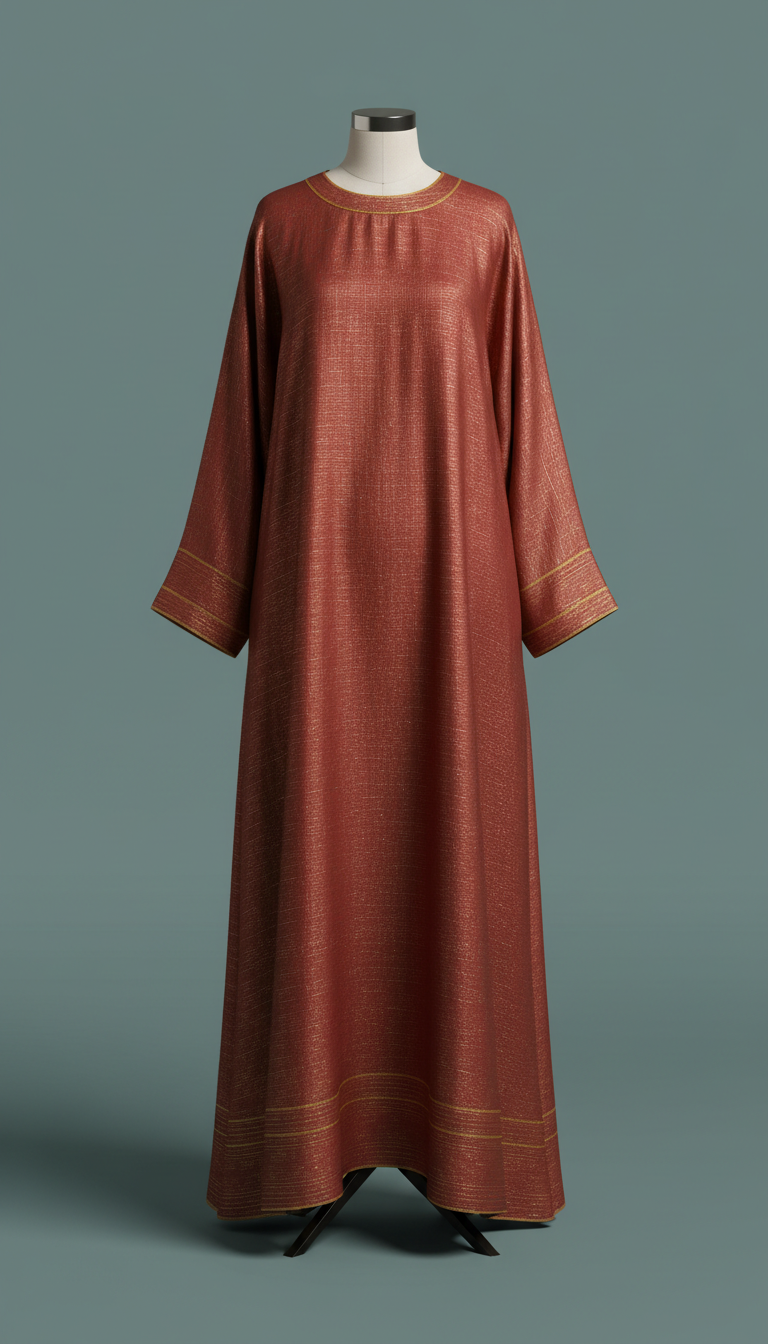 Rouge Brick maxi dress with gold accent trim